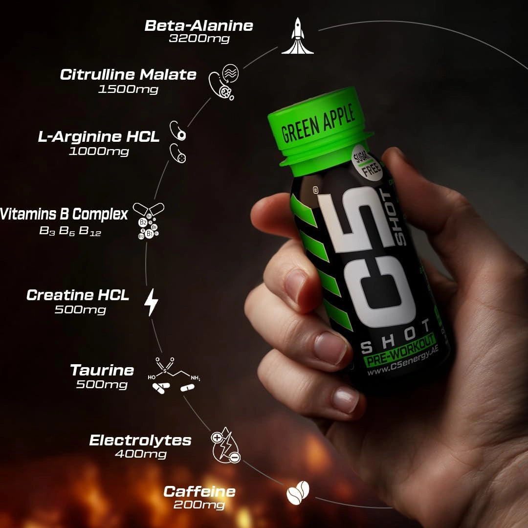 C5 SHOT Pre-Workout Drink | 80ml Liquid Shot | 200mg Caffeine - Green Apple - photo 4