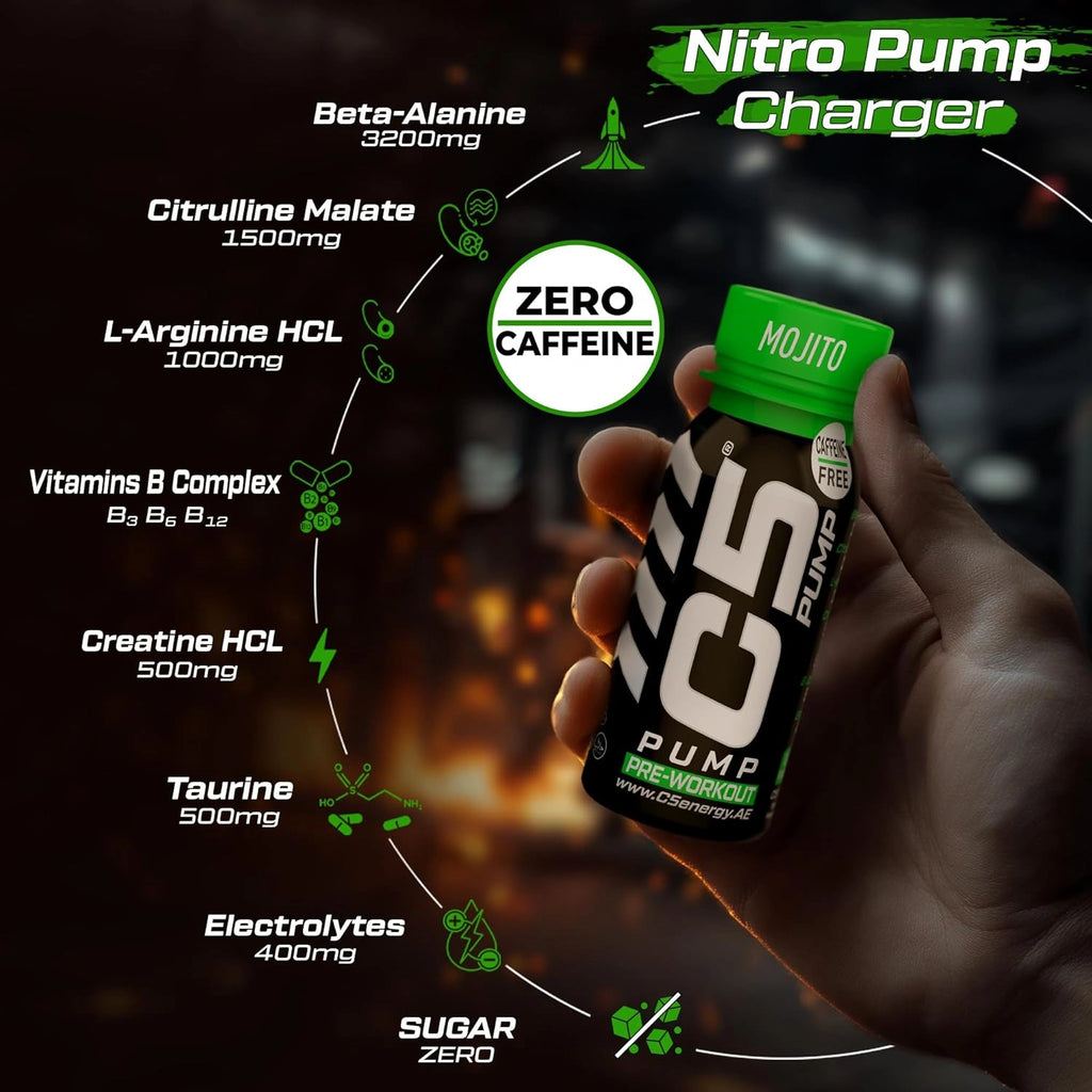 C5 PUMP Shot Pre-Workout, Caffeine-Free (Pack of 12, Mojito) - photo 6