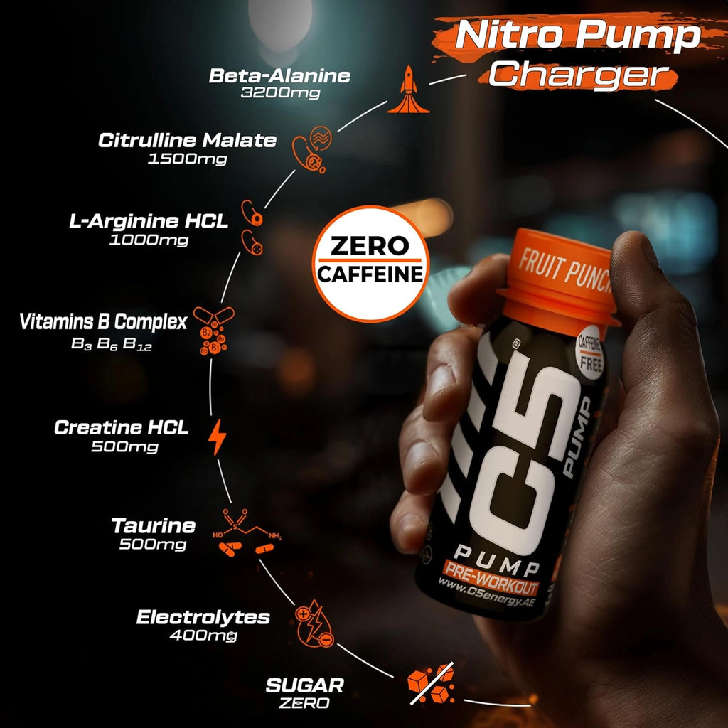 C5 PUMP Shot Pre-Workout, Caffeine-Free (Pack of 12, Fruit Punch) - photo 6