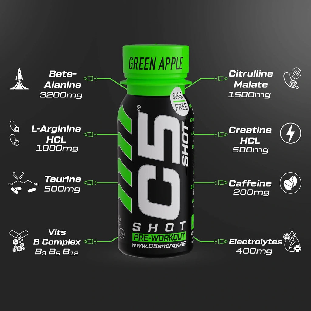 C5 SHOT Pre-Workout Drink | 80ml Liquid Shot | 200mg Caffeine - Green Apple - photo 5
