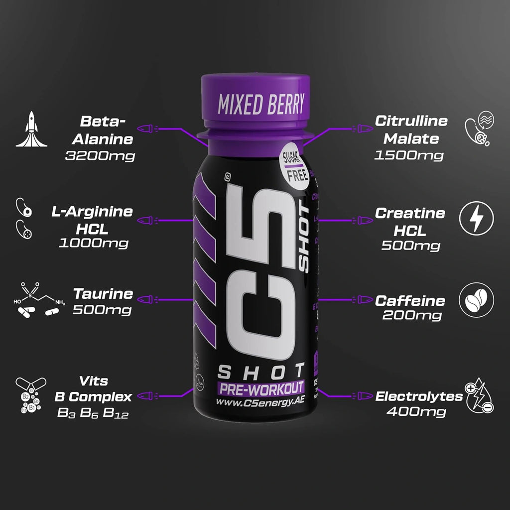 C5 SHOT Pre-Workout Drink | 80ml Liquid Shot | 200mg Caffeine - Mixed Berry - photo 5