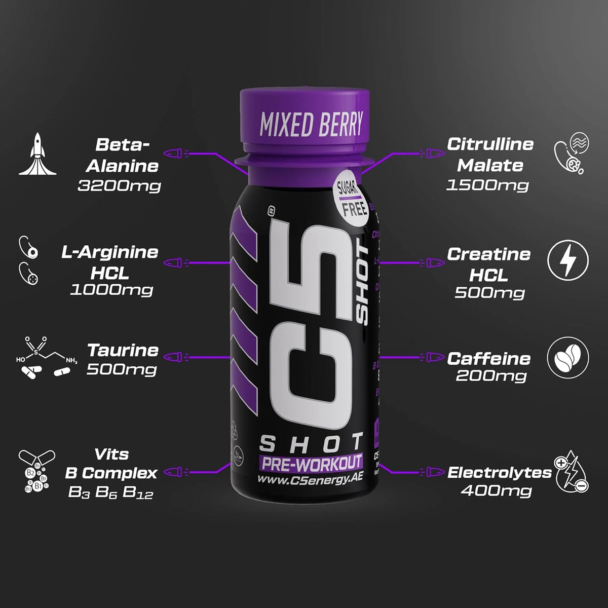 C5 SHOT Pre-Workout Drink | 80ml Liquid Shot | 200mg Caffeine - Mixed Berry - photo 5