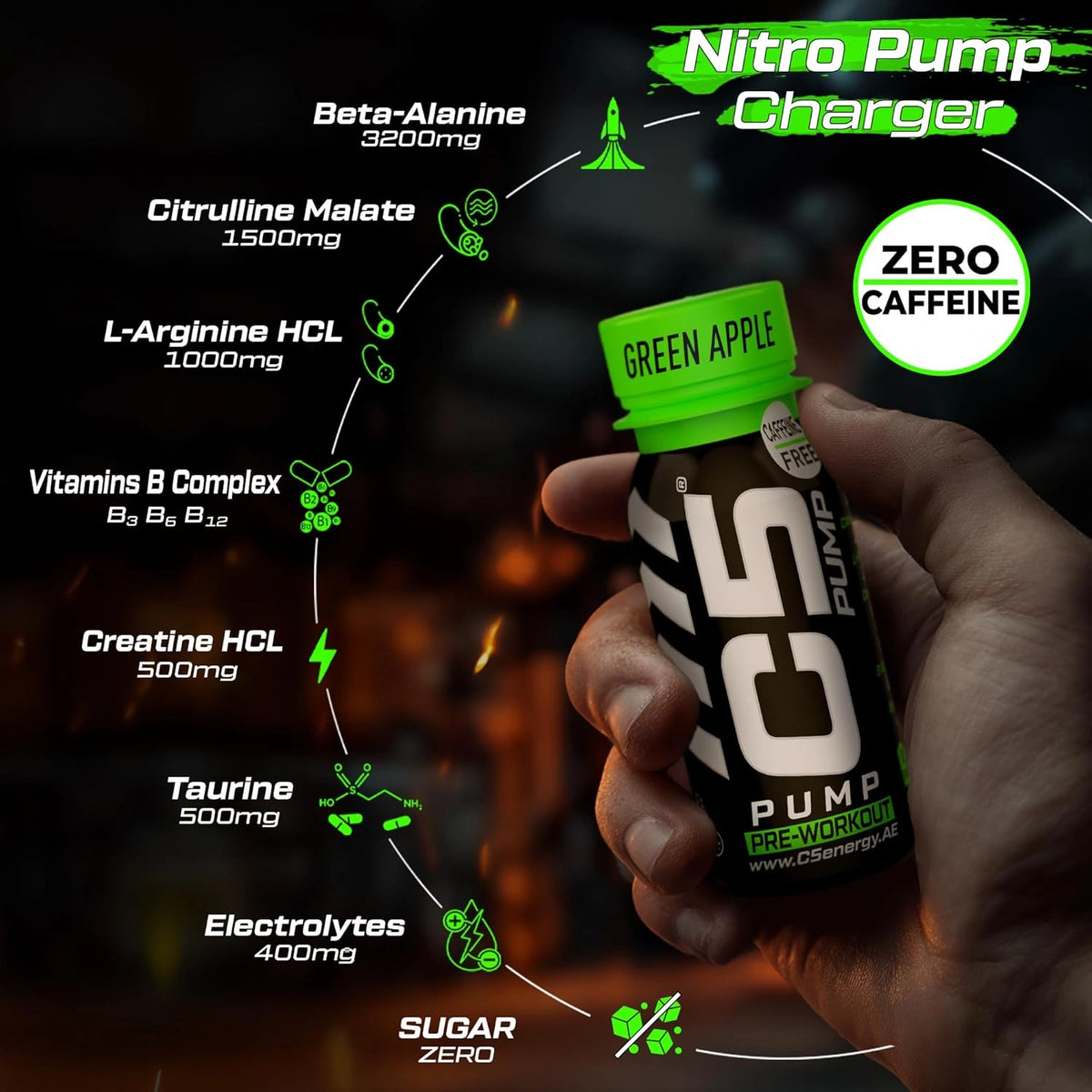 C5 PUMP Shot Pre-Workout, Caffeine-Free (Pack of 12,Green Apple) - photo 5