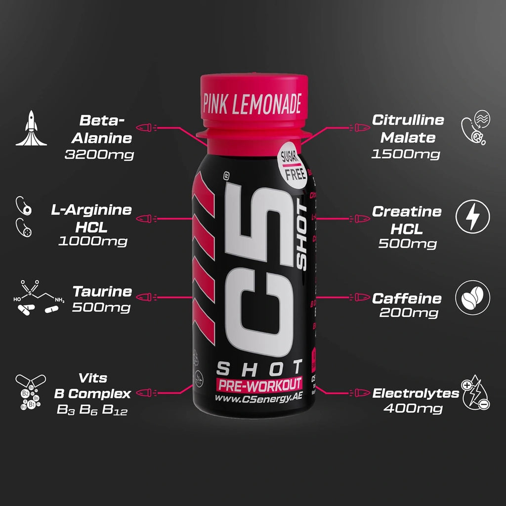 C5 SHOT Pre-Workout Drink | 80ml Liquid Shot | 200mg Caffeine -Pink Lemonade - photo 4
