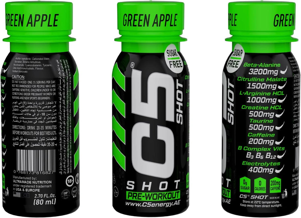 C5 SHOT Pre-Workout Drink | 80ml Liquid Shot | 200mg Caffeine - Green Apple - photo 2