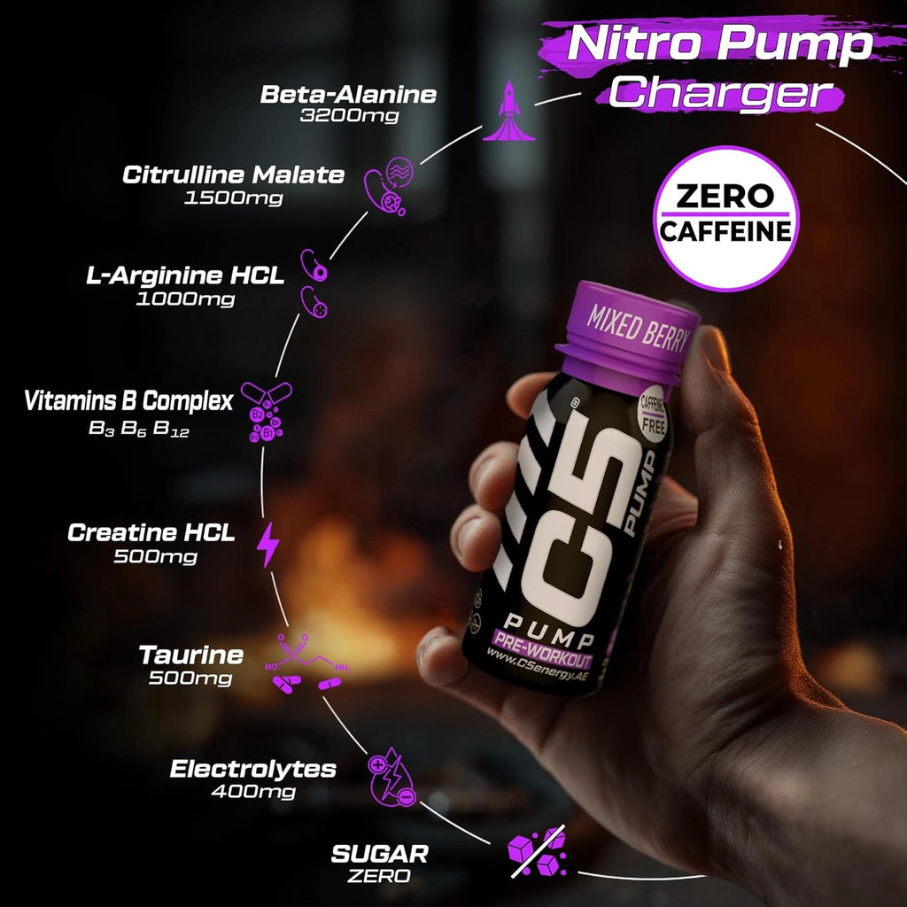C5 PUMP Shot Pre-Workout, Caffeine-Free (Pack of 12, Mixed Berry) - photo 5
