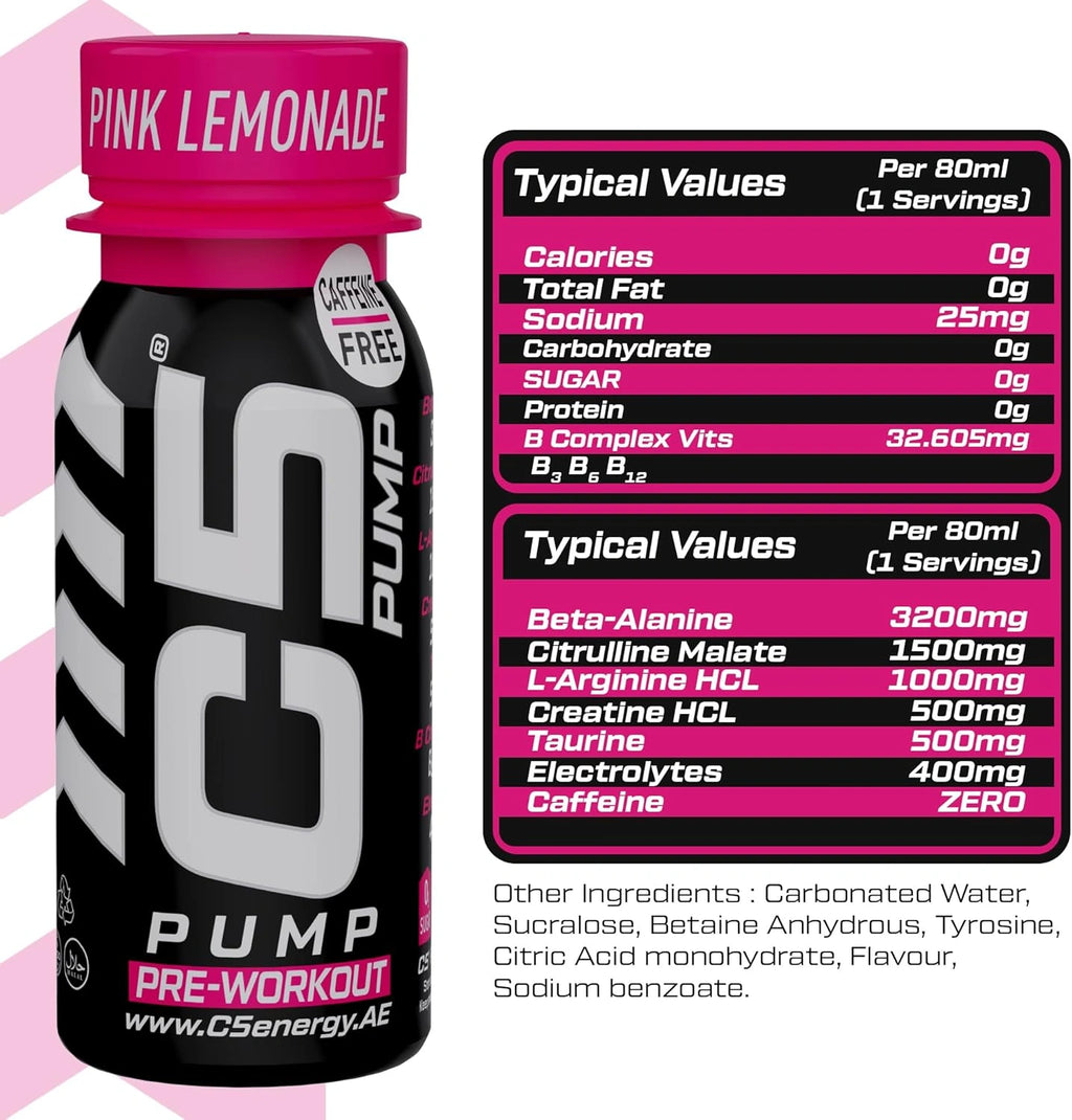 C5 PUMP Shot Pre-Workout, Caffeine-Free (Pack of 12, Pink Lemonade) - photo 5