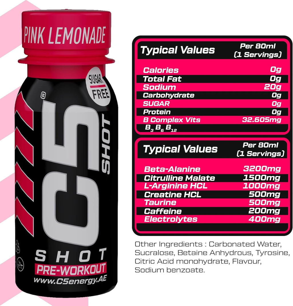 C5 SHOT Pre-Workout Drink | 80ml Liquid Shot | 200mg Caffeine -Pink Lemonade - photo 5