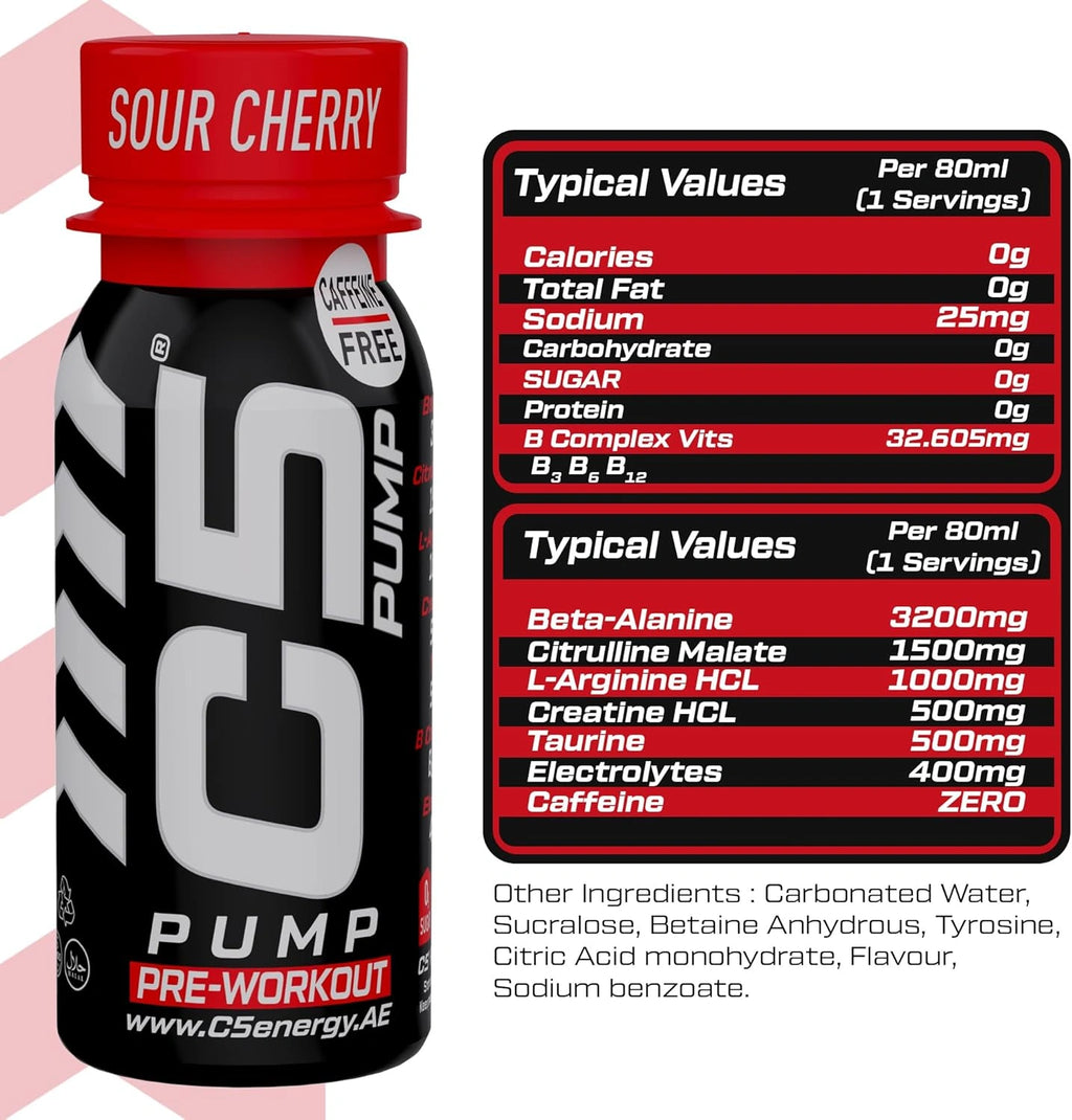 C5 PUMP Shot Pre-Workout, Caffeine-Free (Pack of 12, Sour Cherry) - photo 5
