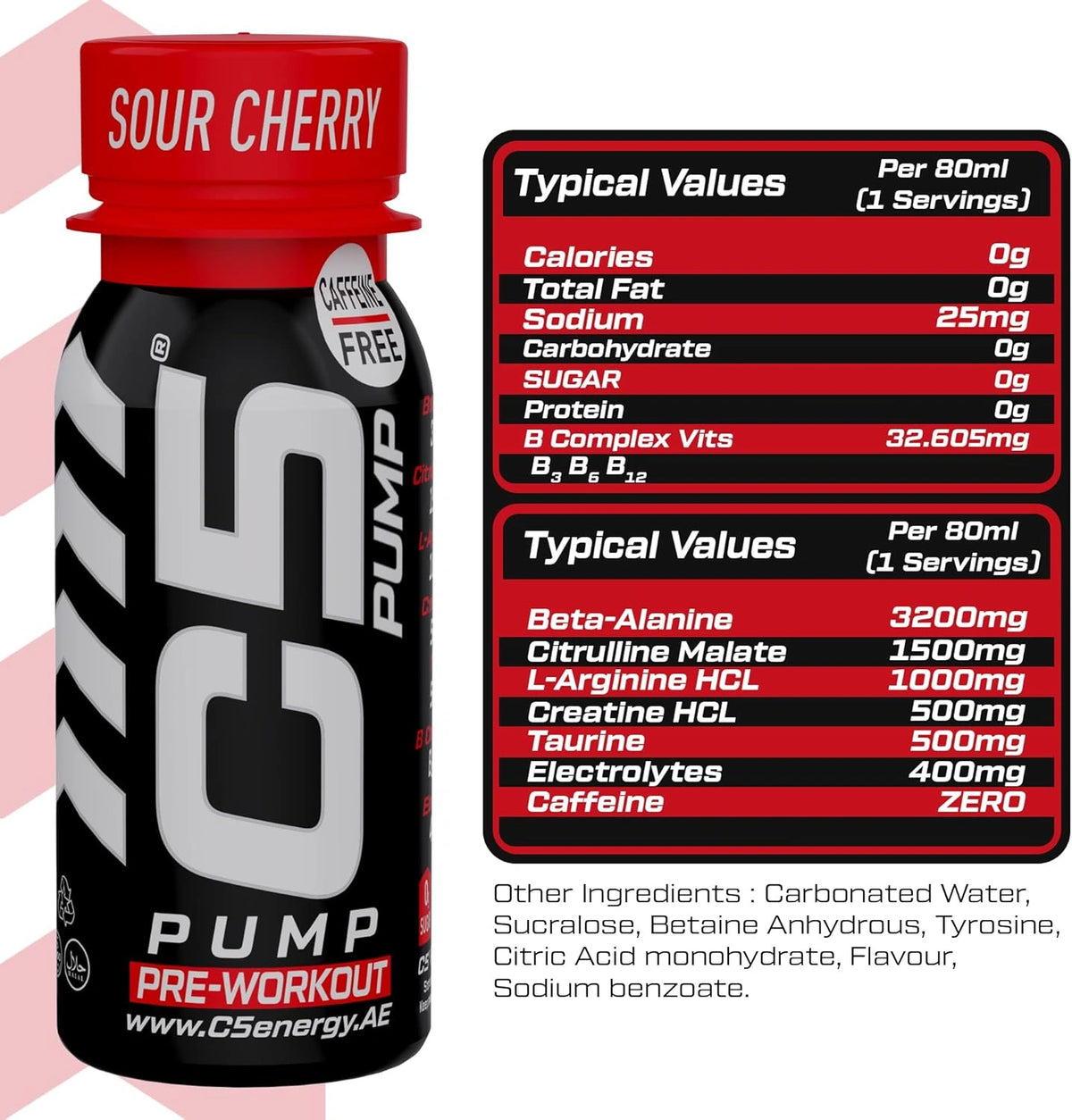 C5 PUMP Shot Pre-Workout, Caffeine-Free (Pack of 12, Sour Cherry) - photo 5