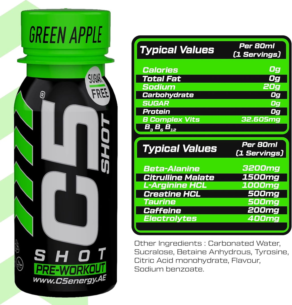 C5 SHOT Pre-Workout Drink | 80ml Liquid Shot | 200mg Caffeine - Green Apple - photo 6