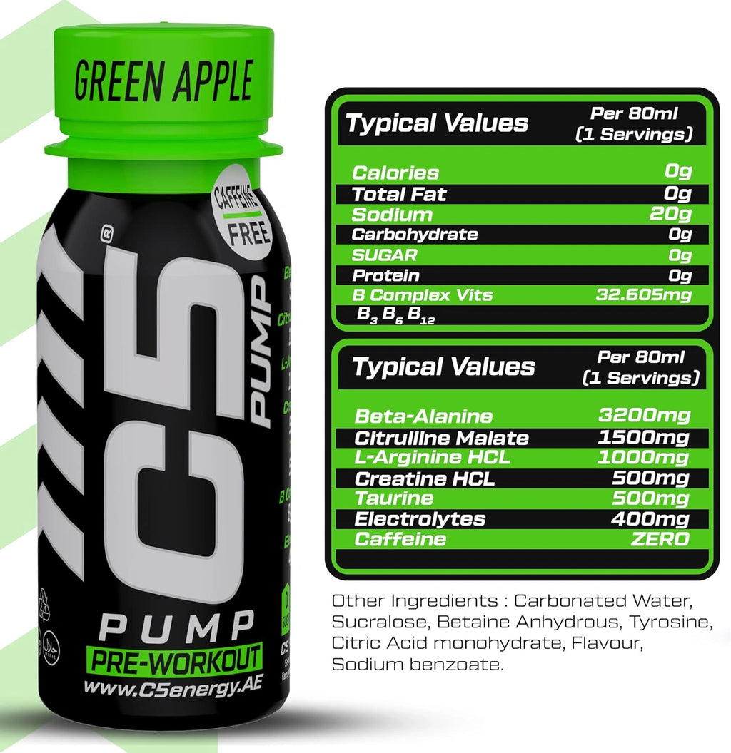 C5 PUMP Shot Pre-Workout, Caffeine-Free (Pack of 12,Green Apple) - photo 6