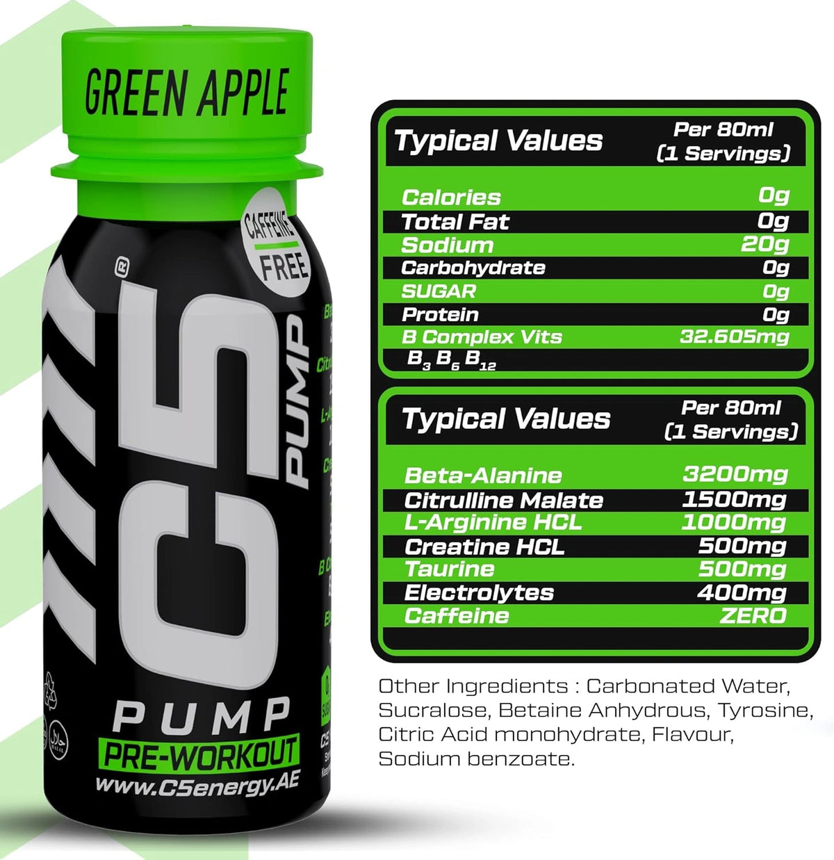 C5 PUMP Shot Pre-Workout, Caffeine-Free (Pack of 12,Green Apple) - photo 6