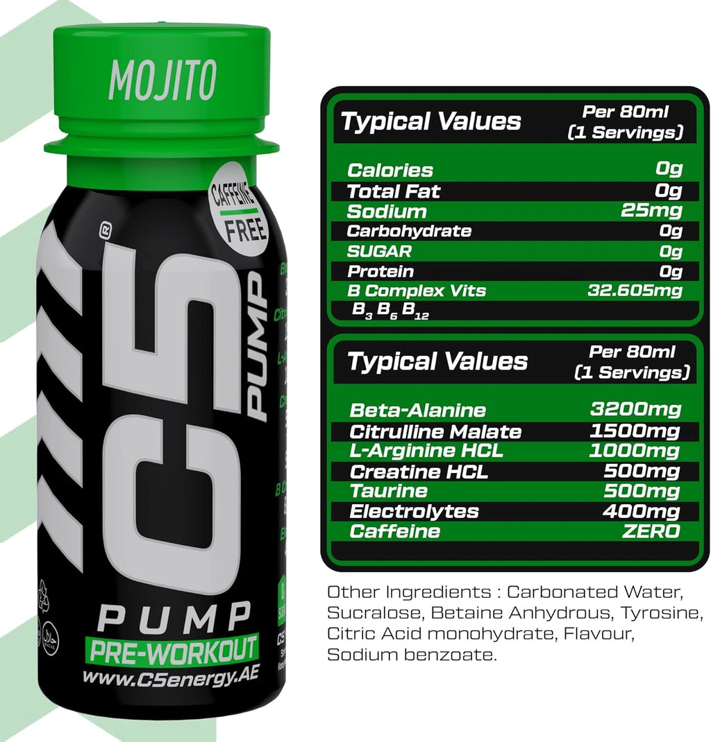 C5 PUMP Shot Pre-Workout, Caffeine-Free (Pack of 12, Mojito) - photo 5