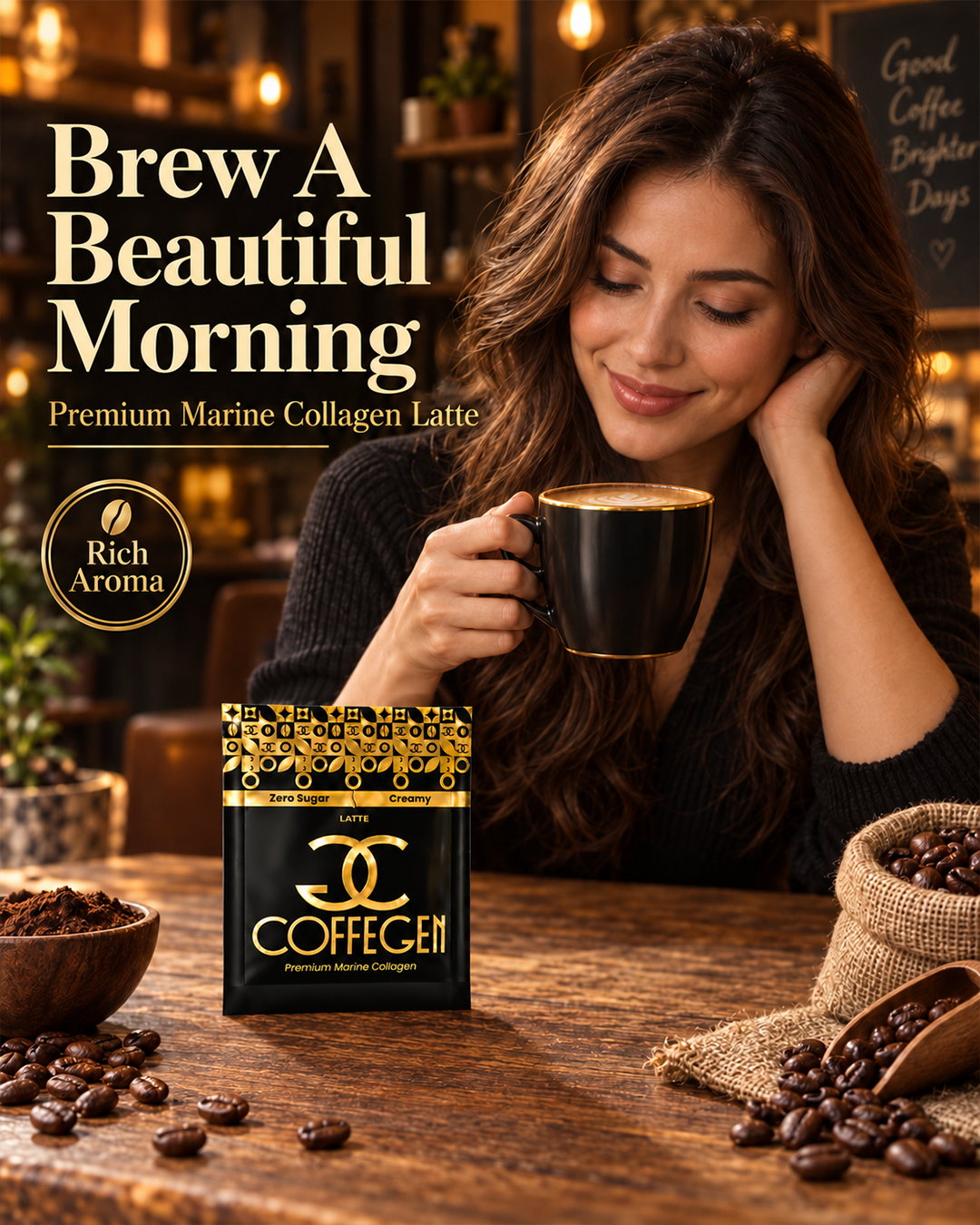 CoffeGen Latte Premium Marine Collagen Coffee - 12 x 15g Sachets (Pack of 12) - Ultramade