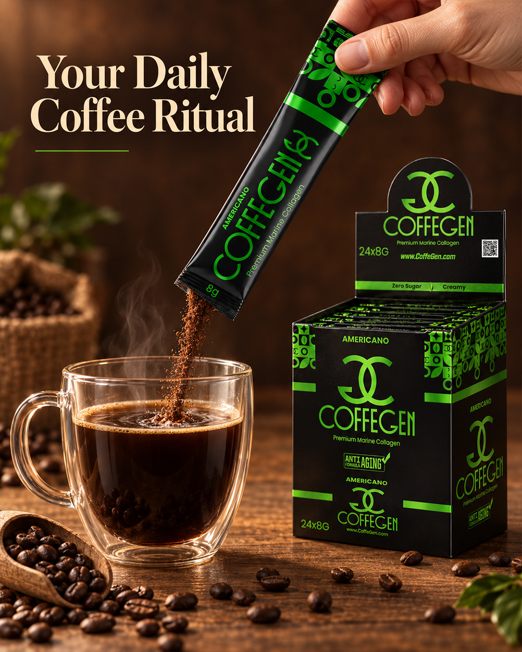 CoffeGen Americano Premium Marine Collagen Coffee with Alpha-GPC – Box of 24 × 8g Sachets - photo 4
