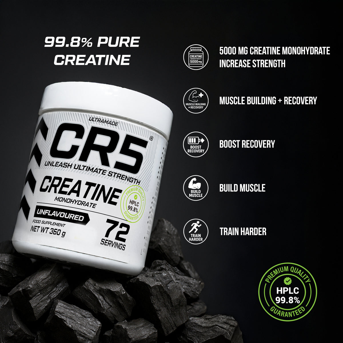 CR5 Creatine Monohydrate Powder 360g (72 Servings) – Unflavoured, Micronized, 99.8% - photo 3
