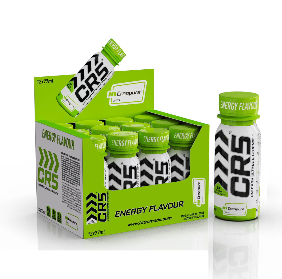 CR5® Creatine Shot Energy Flavour 5g -77 ml – 100% Creapure® Creatine Monohydrate, pack of 12 - Ultramade UAE