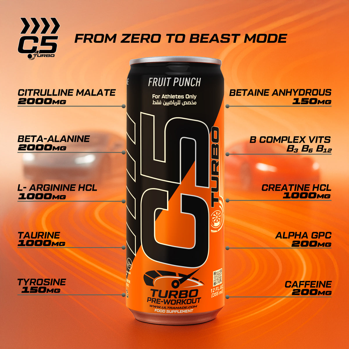 C5 Turbo Pre-Workout Drink – Fruit Punch – 355 ml | 200 mg Caffeine - photo 2