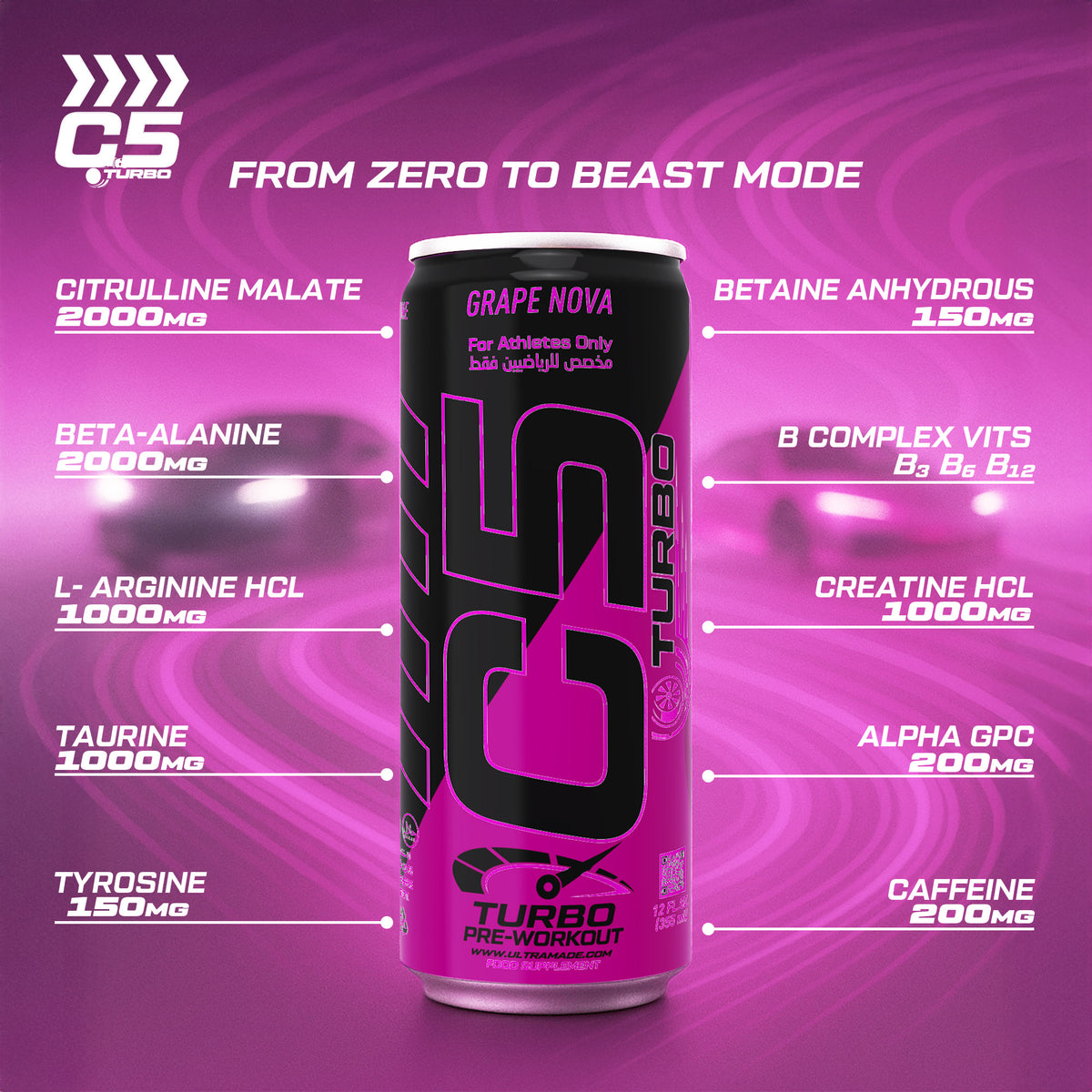 C5 Turbo Pre-Workout Drink – Grape Nova – 355 ml | 200 mg Caffeine - photo 2
