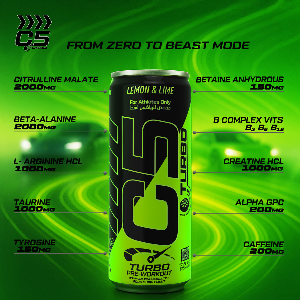 C5 Turbo Pre-Workout Drink – Lemon & Lime – 355 ml | 200 mg Caffeine - photo 2