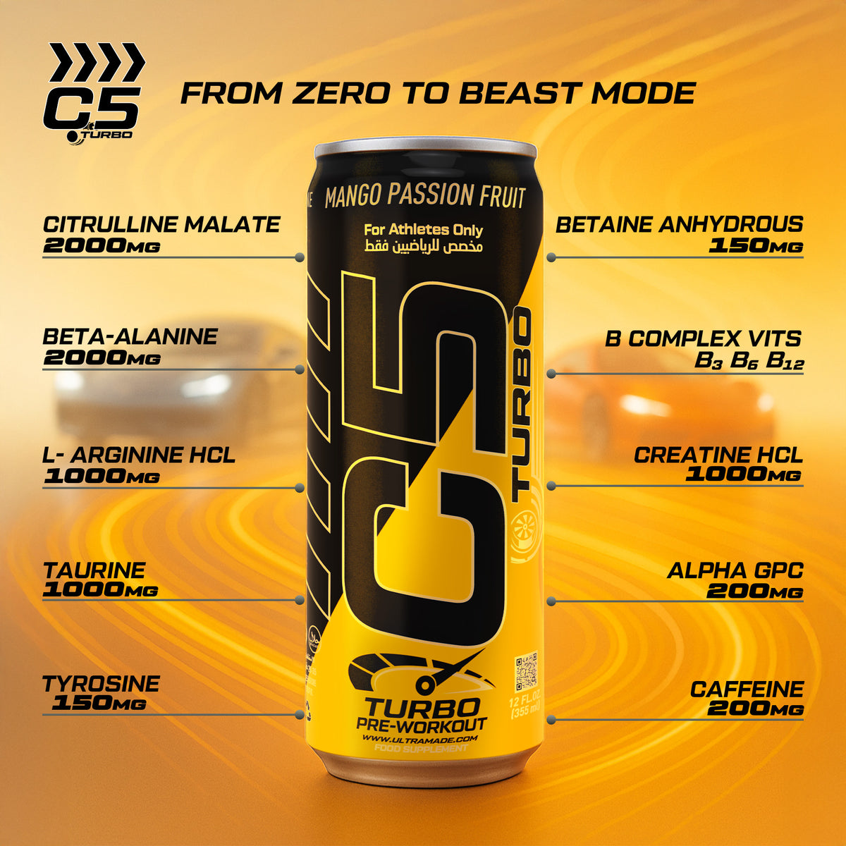 C5 Turbo Pre-Workout Drink – Passion Fruit Mango – 355 ml | 200 mg Caffeine - photo 2