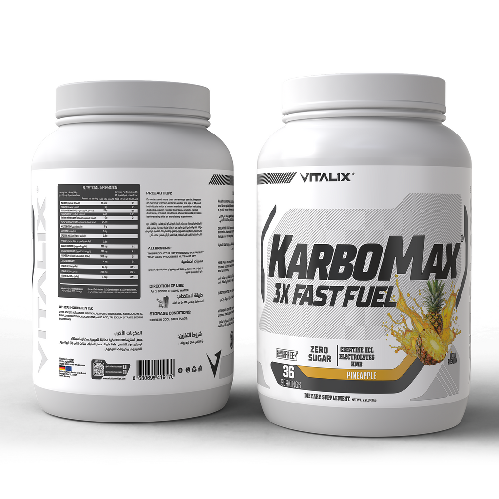 VITALIX KARBOMAX 3X FAST FUEL Pineapple 1 kg - front and back packaging